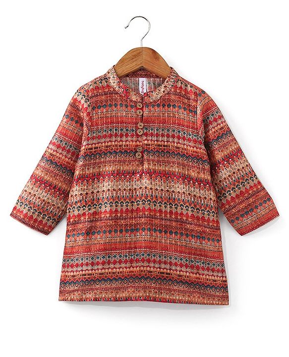Babyhug Full Sleeves Printed Dhari Kurta with Pyjama Set  - Rust