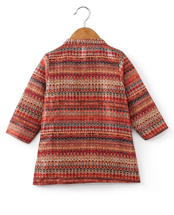 Babyhug Full Sleeves Printed Dhari Kurta with Pyjama Set  - Rust