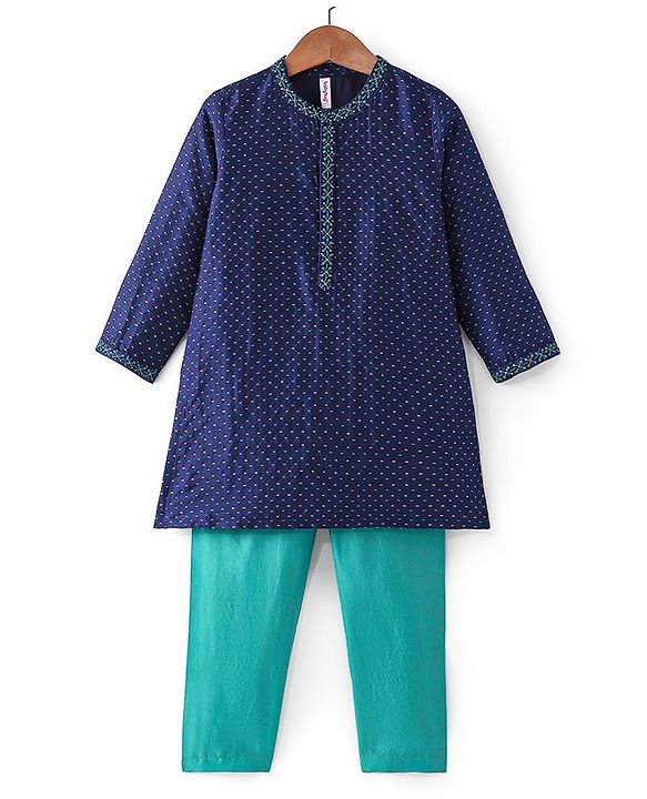 Babyhug Full Sleeves Lurex Butti Embroidered Kurta Pyjama Set - Teal Blue
