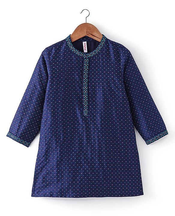 Babyhug Full Sleeves Lurex Butti Embroidered Kurta Pyjama Set - Teal Blue
