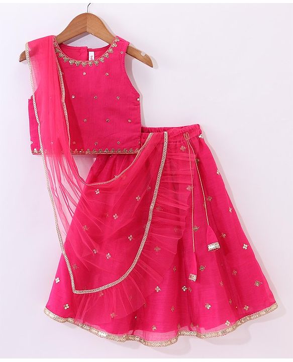 Babyhug Sleeveless Chanderi Embroidered Top & Tiered Lehenga with Lace Border Dupatta - Fuschia