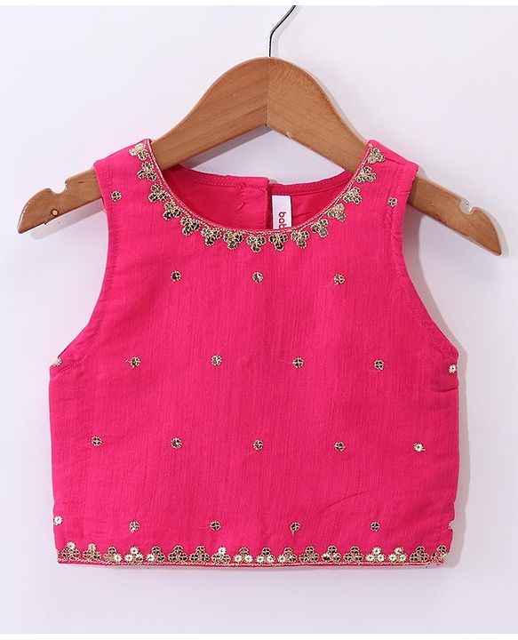 Babyhug Sleeveless Chanderi Embroidered Top & Tiered Lehenga with Lace Border Dupatta - Fuschia