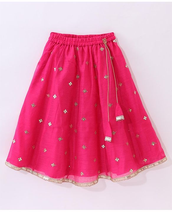 Babyhug Sleeveless Chanderi Embroidered Top & Tiered Lehenga with Lace Border Dupatta - Fuschia