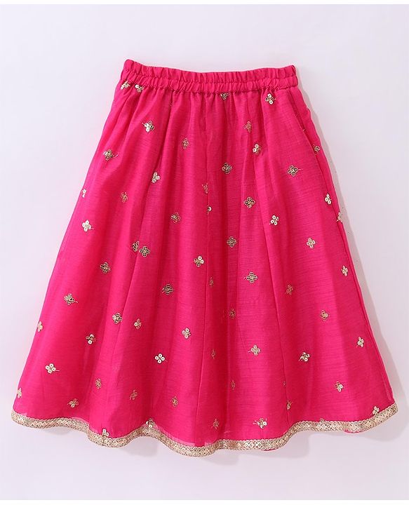 Babyhug Sleeveless Chanderi Embroidered Top & Tiered Lehenga with Lace Border Dupatta - Fuschia