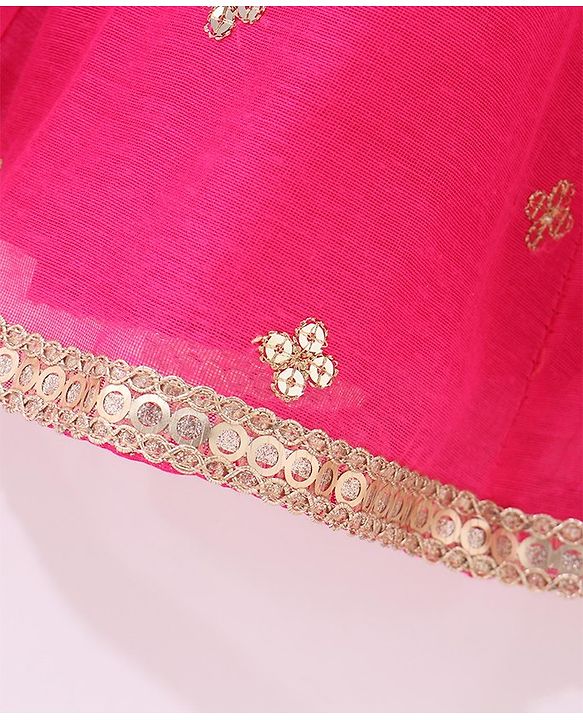 Babyhug Sleeveless Chanderi Embroidered Top & Tiered Lehenga with Lace Border Dupatta - Fuschia