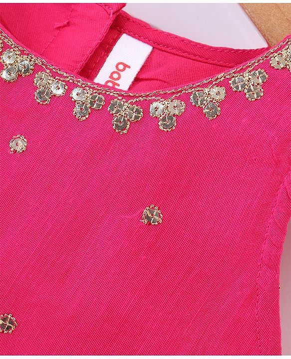 Babyhug Sleeveless Chanderi Embroidered Top & Tiered Lehenga with Lace Border Dupatta - Fuschia