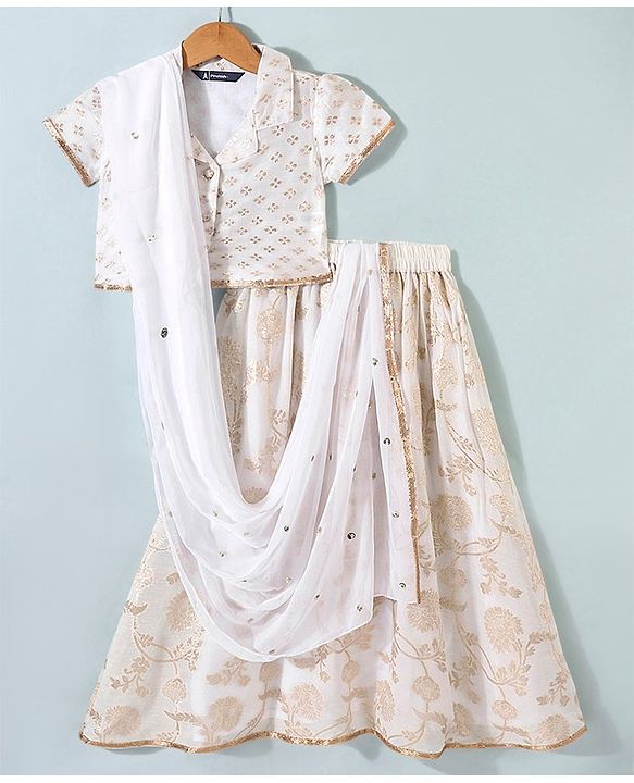 Pine Kids Brocade Half Sleeves Choli Chanderi Lehenga  Set- White