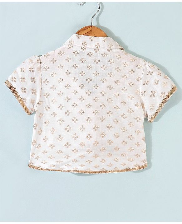 Pine Kids Brocade Half Sleeves Choli Chanderi Lehenga  Set- White
