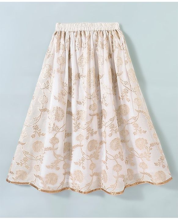 Pine Kids Brocade Half Sleeves Choli Chanderi Lehenga  Set- White