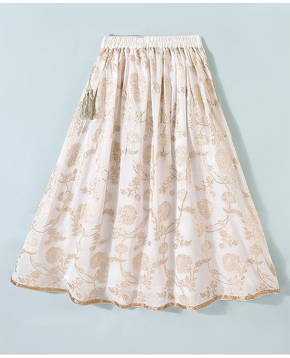 Pine Kids Brocade Half Sleeves Choli Chanderi Lehenga  Set- White