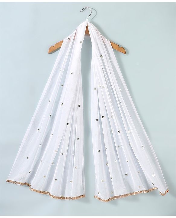 Pine Kids Brocade Half Sleeves Choli Chanderi Lehenga  Set- White