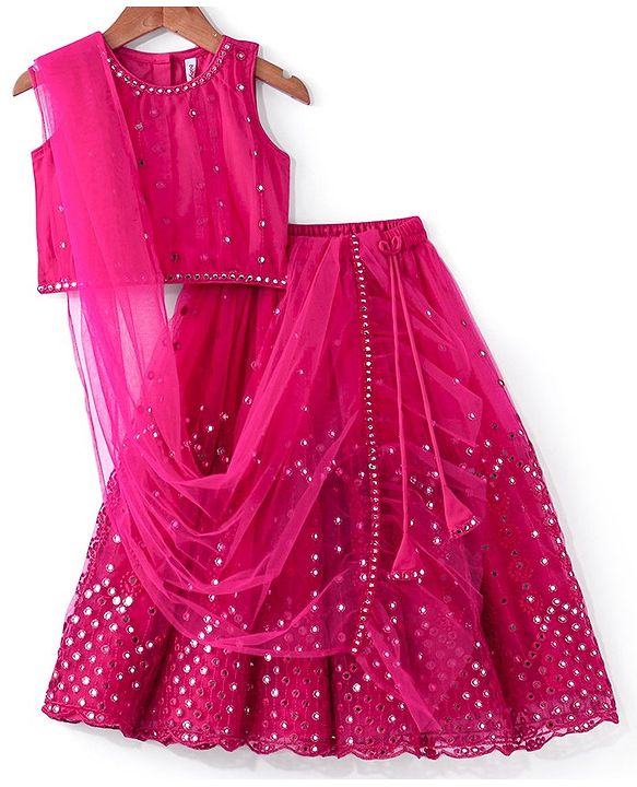 Babyhug Sleeveless Net Mirror Emroidered Lehenga Choli Set with Dupatta  -Fuschia
