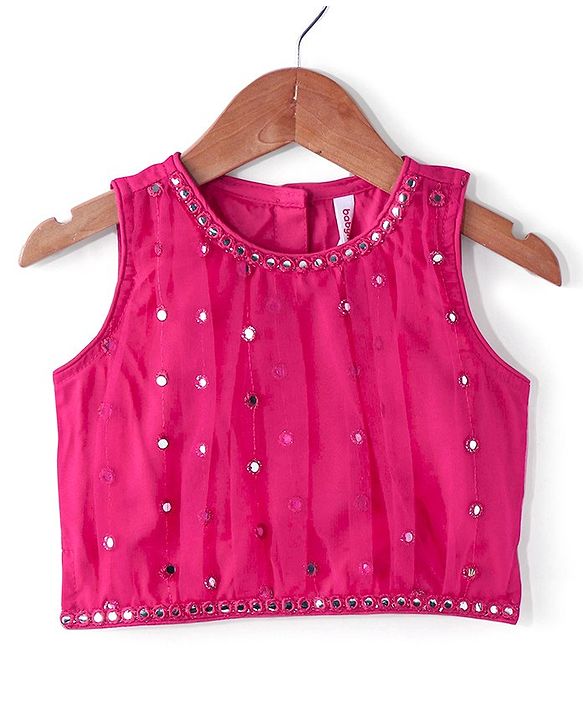 Babyhug Sleeveless Net Mirror Emroidered Lehenga Choli Set with Dupatta  -Fuschia