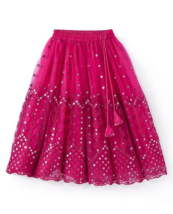 Babyhug Sleeveless Net Mirror Emroidered Lehenga Choli Set with Dupatta  -Fuschia