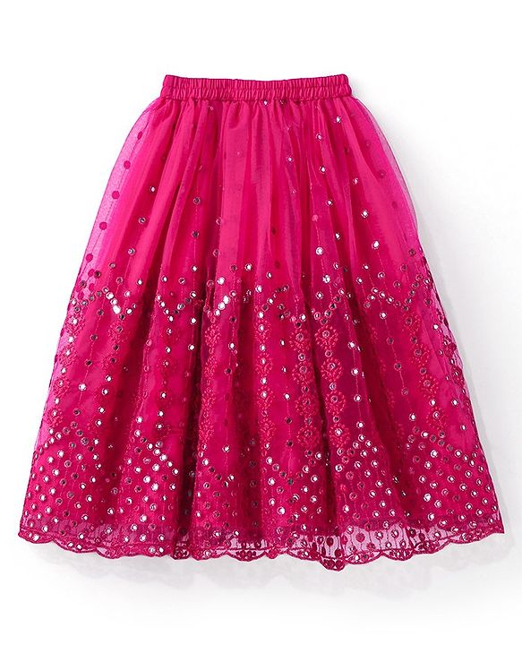Babyhug Sleeveless Net Mirror Emroidered Lehenga Choli Set with Dupatta  -Fuschia