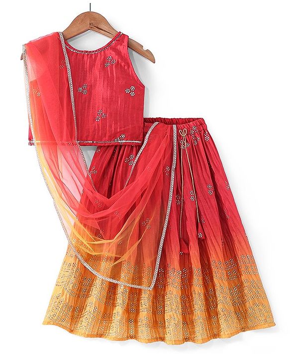 Babyhug Sleeveless Ombray Embroidered Pleated Lehenga Choli and Dupatta Set -Red & Mustard