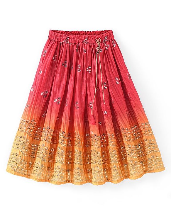 Babyhug Sleeveless Ombray Embroidered Pleated Lehenga Choli and Dupatta Set -Red & Mustard