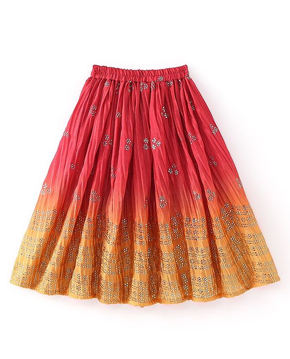 Babyhug Sleeveless Ombray Embroidered Pleated Lehenga Choli and Dupatta Set -Red & Mustard