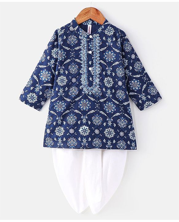 Babyhug Cotton Woven Full Sleeves Kurta and Dhoti Set Floral Print - Indigo
