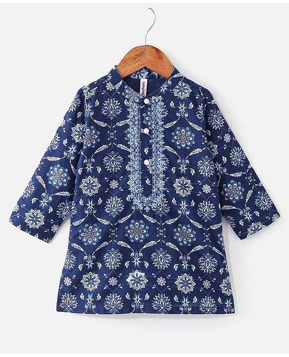 Babyhug Cotton Woven Full Sleeves Kurta and Dhoti Set Floral Print - Indigo