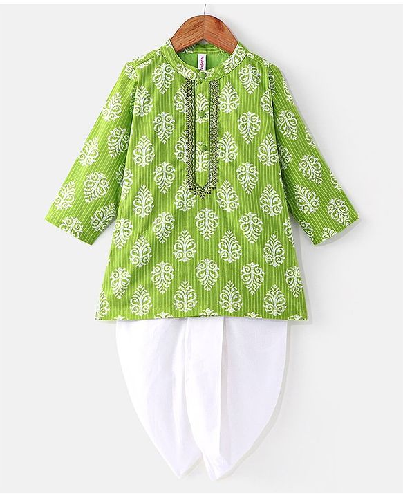 Babyhug Cotton Woven Full Sleeves Printed Kurta and Dhoti Set - Green
