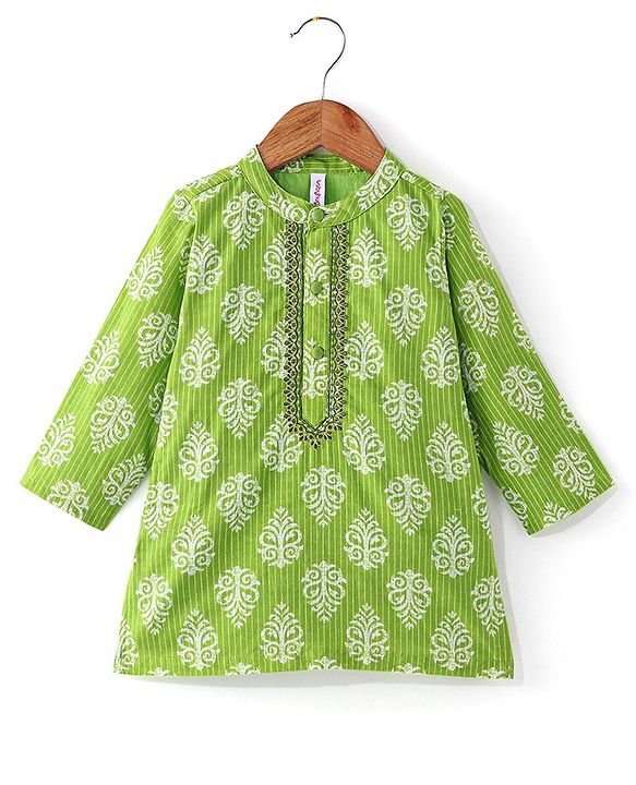 Babyhug Cotton Woven Full Sleeves Printed Kurta and Dhoti Set - Green