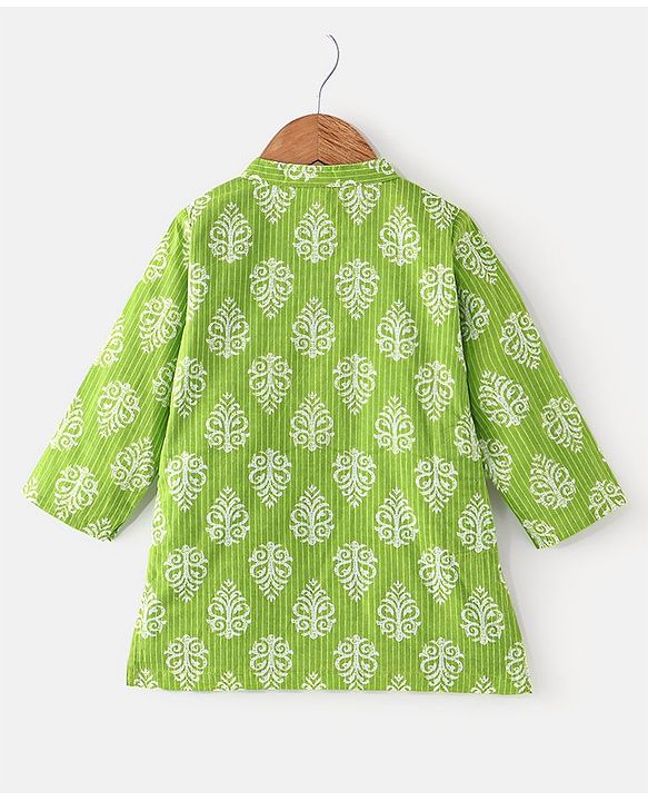 Babyhug Cotton Woven Full Sleeves Printed Kurta and Dhoti Set - Green