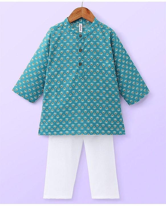 Babyhug Cotton Woven Full Sleeves All Over Printed  Kurta Pajama Set - Blue