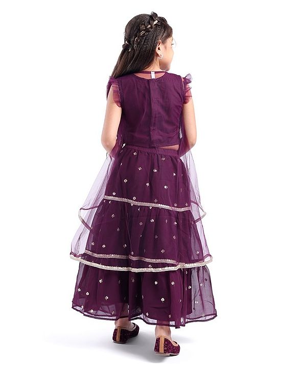 Babyhug Sleeveless  Sequin Embroidered Choli with Lehenga and Jacket with Frill Design- Violet