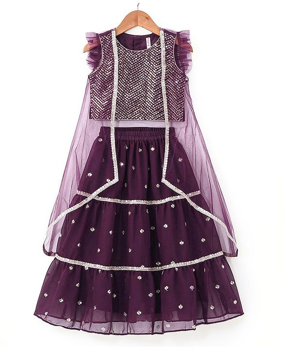 Babyhug Sleeveless  Sequin Embroidered Choli with Lehenga and Jacket with Frill Design- Violet