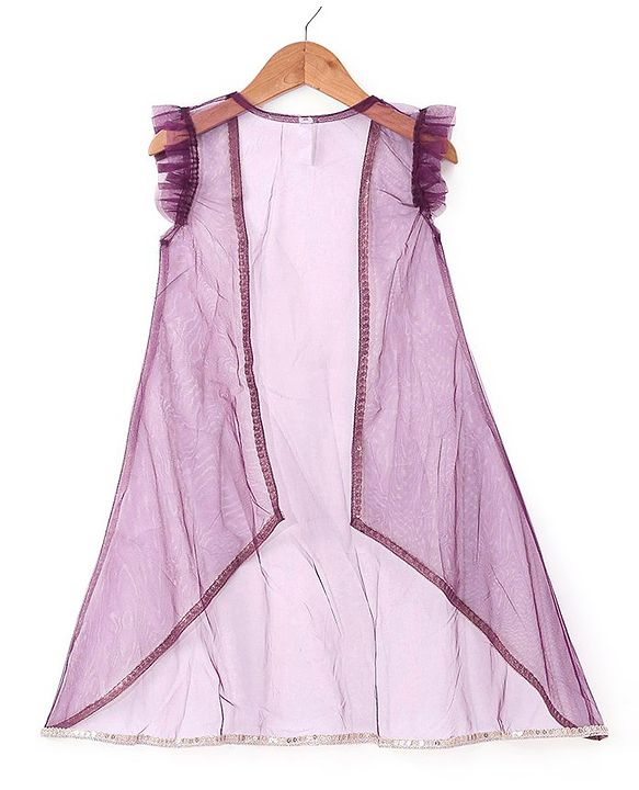 Babyhug Sleeveless  Sequin Embroidered Choli with Lehenga and Jacket with Frill Design- Violet