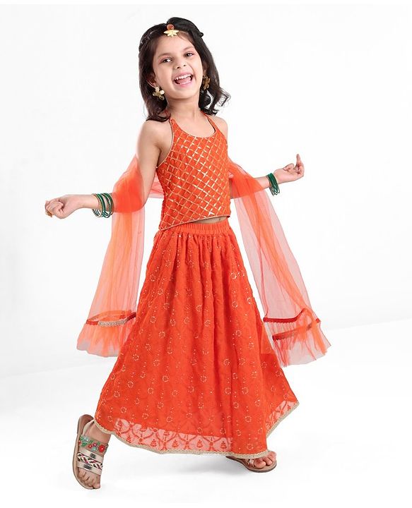 Babyhug Sleeveless Halter Neck Embroidered Choli Lehenga and Dupatta Set - Rust