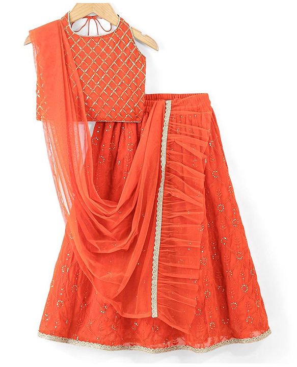Babyhug Sleeveless Halter Neck Embroidered Choli Lehenga and Dupatta Set - Rust
