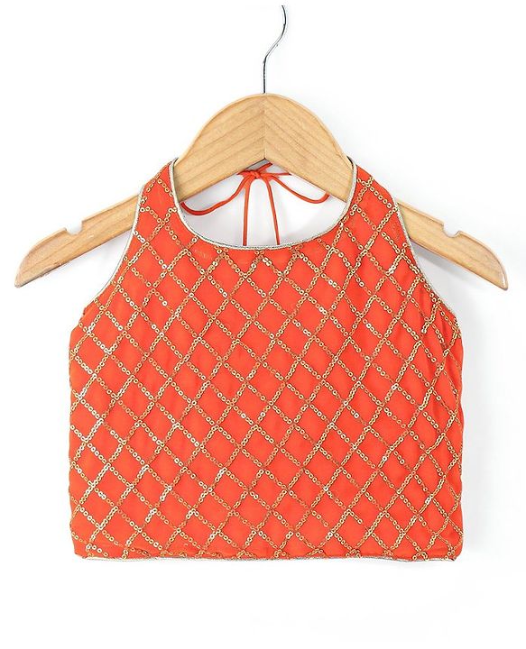 Babyhug Sleeveless Halter Neck Embroidered Choli Lehenga and Dupatta Set - Rust