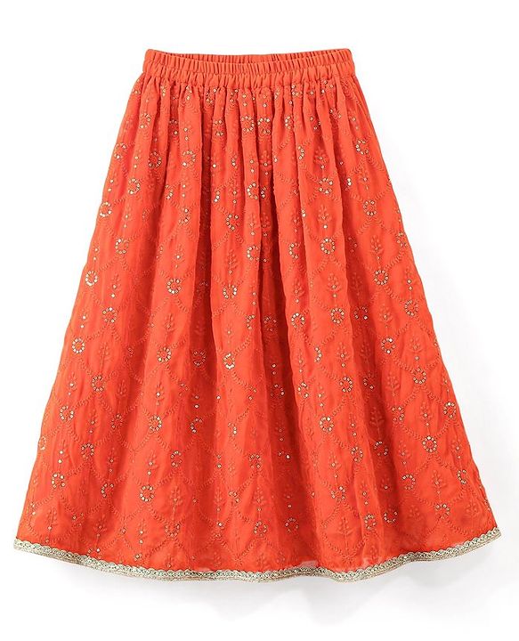 Babyhug Sleeveless Halter Neck Embroidered Choli Lehenga and Dupatta Set - Rust
