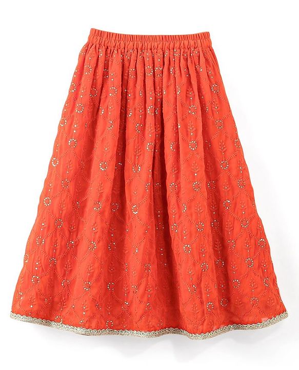 Babyhug Sleeveless Halter Neck Embroidered Choli Lehenga and Dupatta Set - Rust