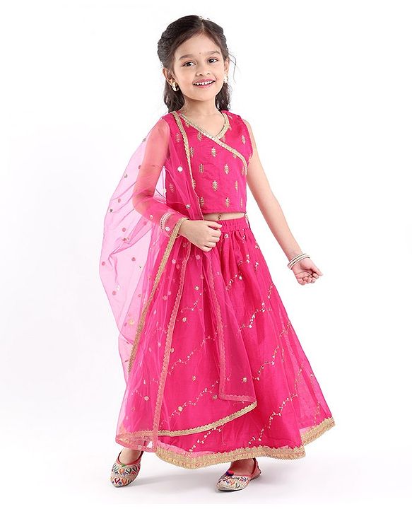 Babyhug Sleeveless Front Overlap Embroidered Choli With Lehenga And Dupatta Set-Fuschia
