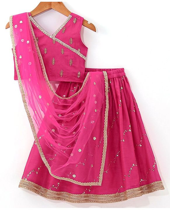 Babyhug Sleeveless Front Overlap Embroidered Choli With Lehenga And Dupatta Set-Fuschia