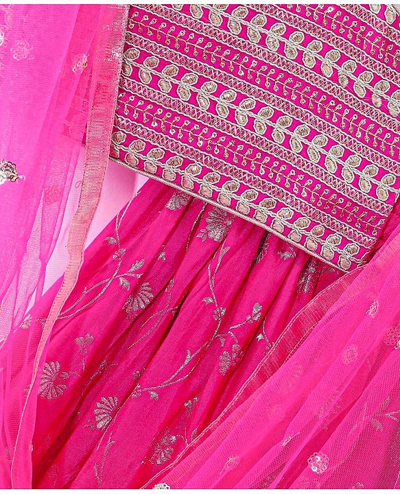 Babyhug Woven Sleeveless Choli Lehenga & Dupatta Set With Floral Printed With Embroidered - Fuschia