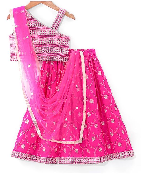 Babyhug Woven Sleeveless Choli Lehenga & Dupatta Set With Floral Printed With Embroidered - Fuschia