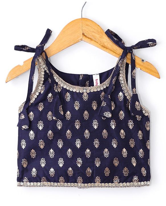 Babyhug Velvet Sleeveless Embroidered Choli with Foil Printed Lehenga and Dupatta Set - Navy Blue