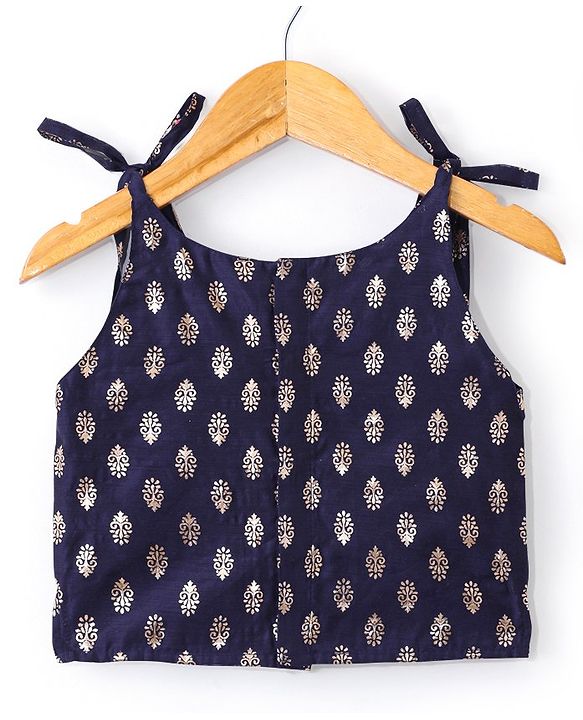 Babyhug Velvet Sleeveless Embroidered Choli with Foil Printed Lehenga and Dupatta Set - Navy Blue