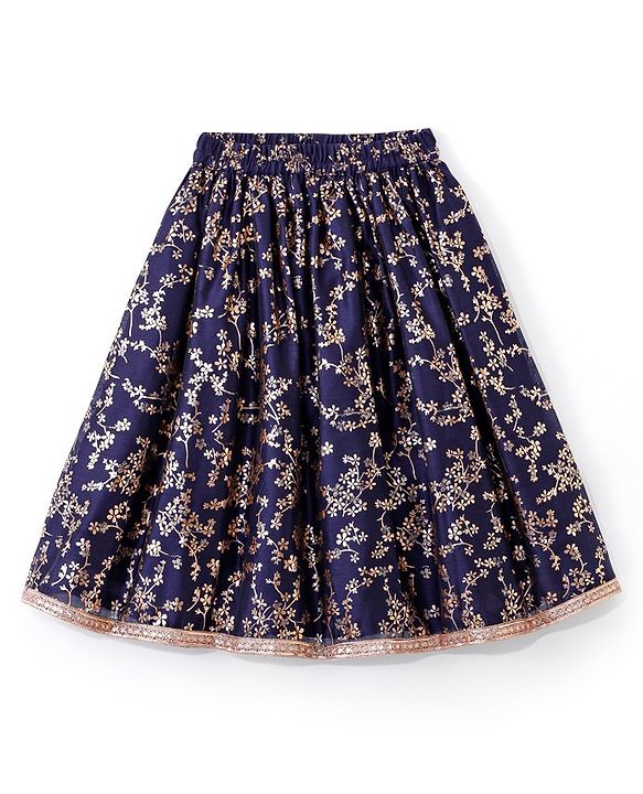 Babyhug Velvet Sleeveless Embroidered Choli with Foil Printed Lehenga and Dupatta Set - Navy Blue