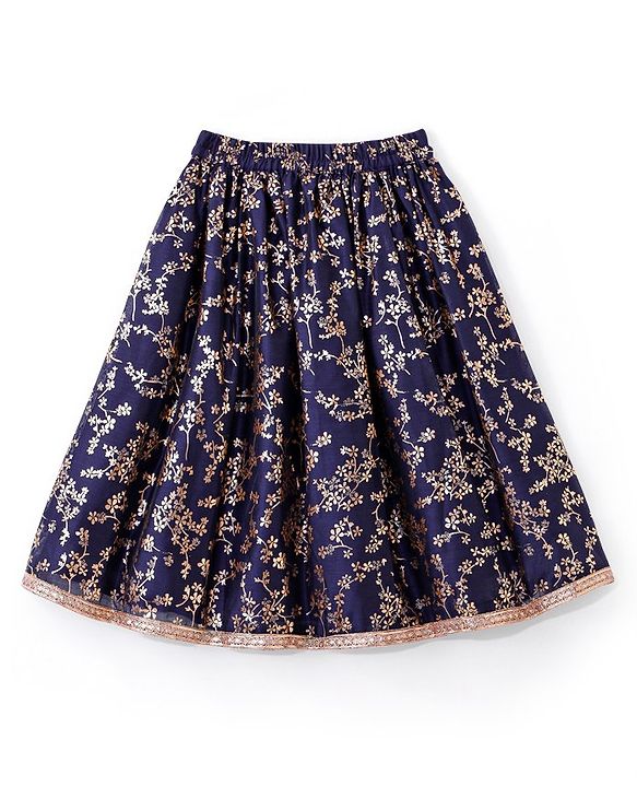 Babyhug Velvet Sleeveless Embroidered Choli with Foil Printed Lehenga and Dupatta Set - Navy Blue