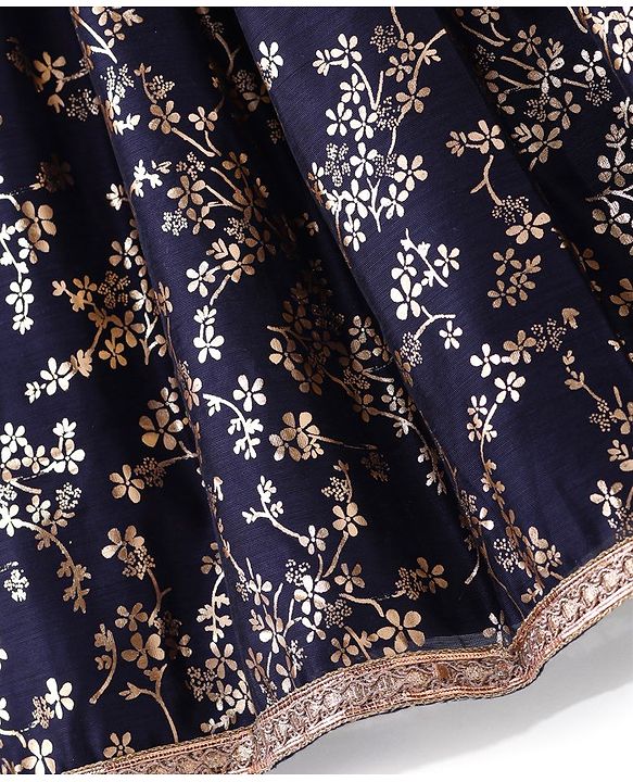 Babyhug Velvet Sleeveless Embroidered Choli with Foil Printed Lehenga and Dupatta Set - Navy Blue