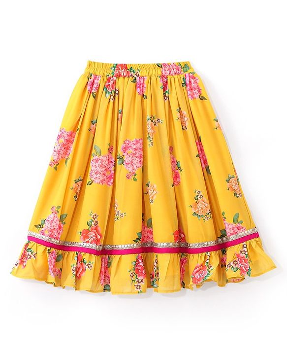 Babyhug Sleeveless Embroidered Choli with Floral Printed Lehenga and Dupatta Set - Yellow
