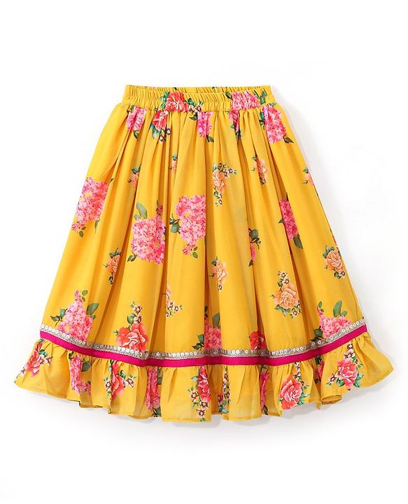 Babyhug Sleeveless Embroidered Choli with Floral Printed Lehenga and Dupatta Set - Yellow