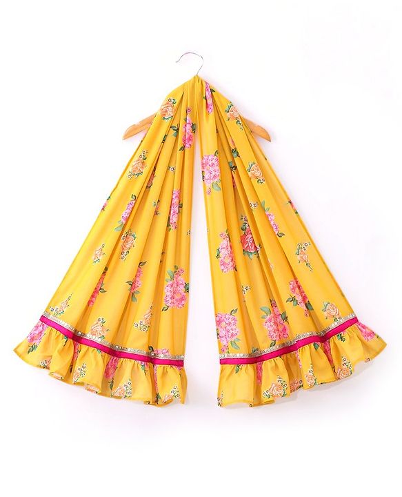 Babyhug Sleeveless Embroidered Choli with Floral Printed Lehenga and Dupatta Set - Yellow