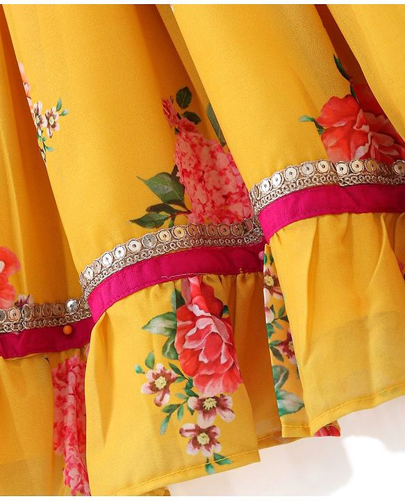 Babyhug Sleeveless Embroidered Choli with Floral Printed Lehenga and Dupatta Set - Yellow