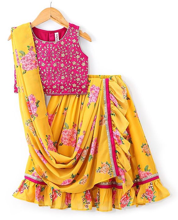 Babyhug Sleeveless Embroidered Choli with Floral Printed Lehenga and Dupatta Set - Yellow